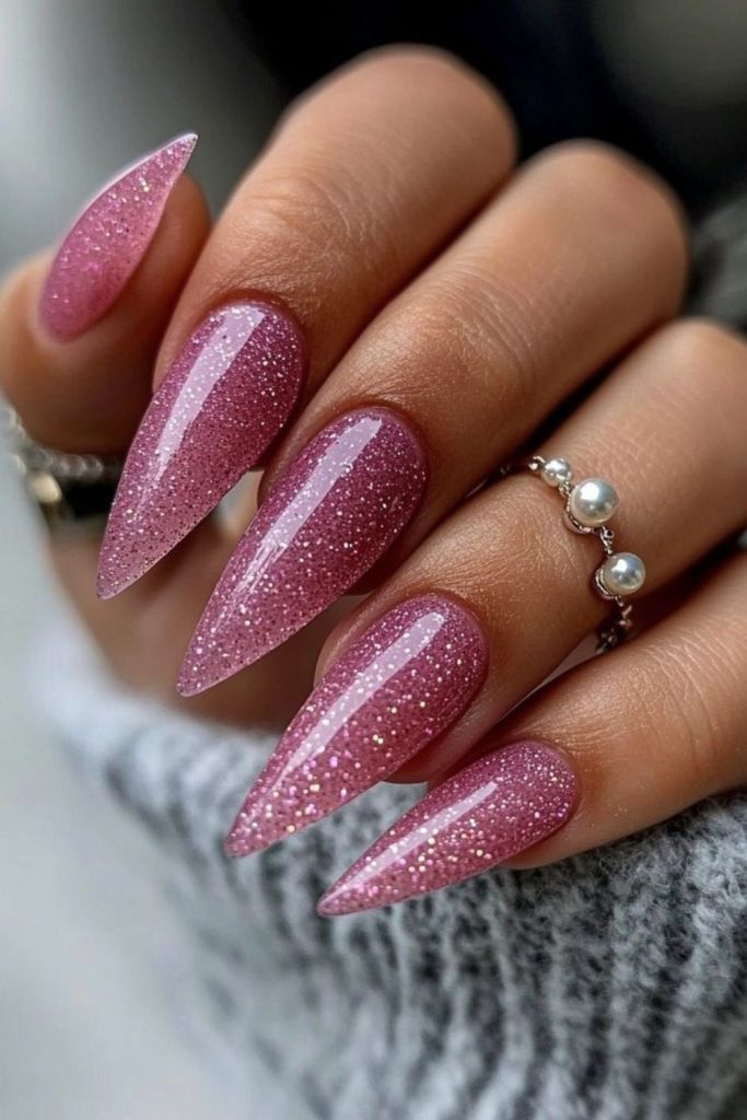 Shimmering lavender silver winter nail art.