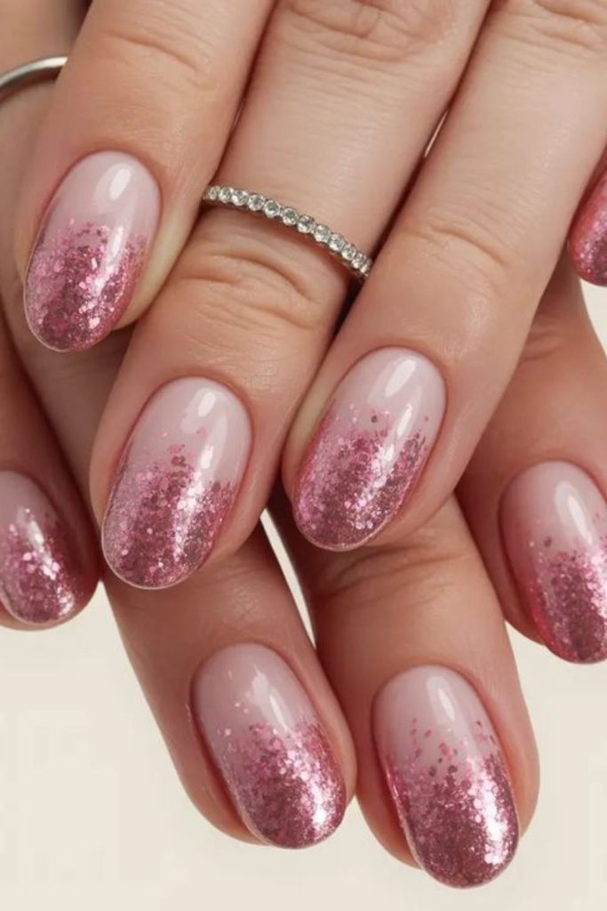 Sparkling plum pink festive nails.