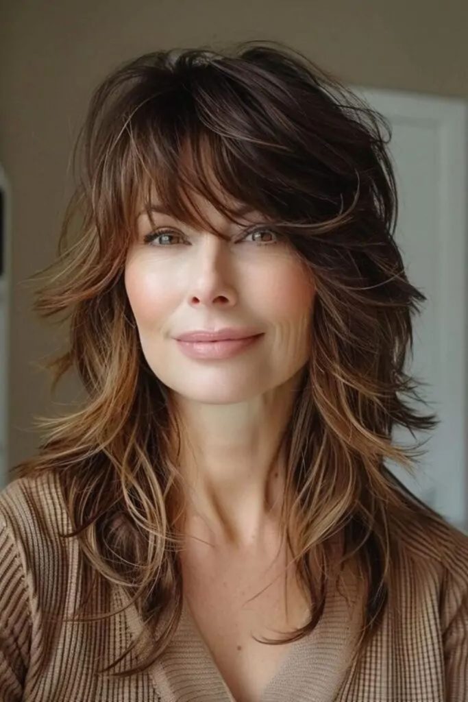 Feathered shag cut with golden streaks