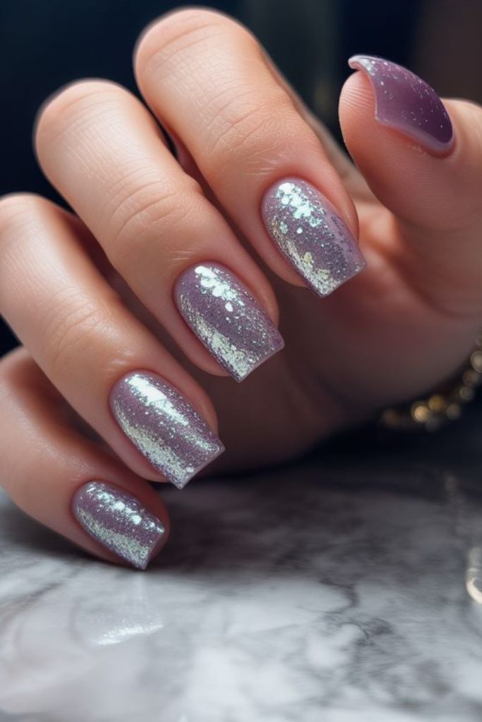 Sparkly holographic tinsel party nails.