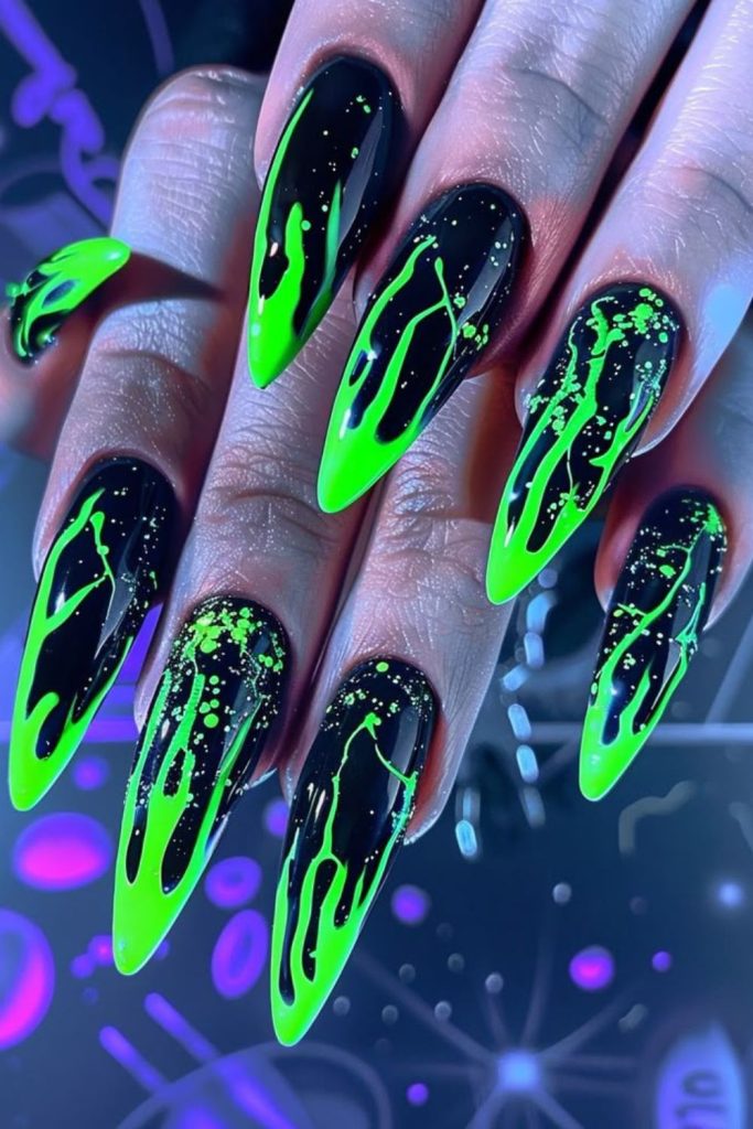 Toxic slime glowing neon drip nails.