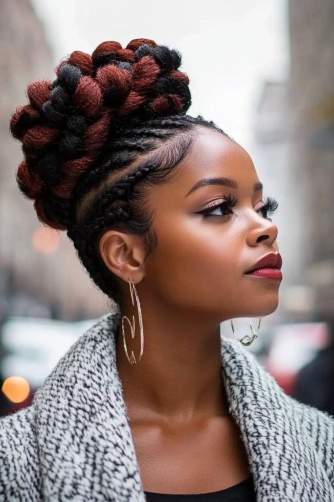 Twisted cinnamon updo with metallic accents.