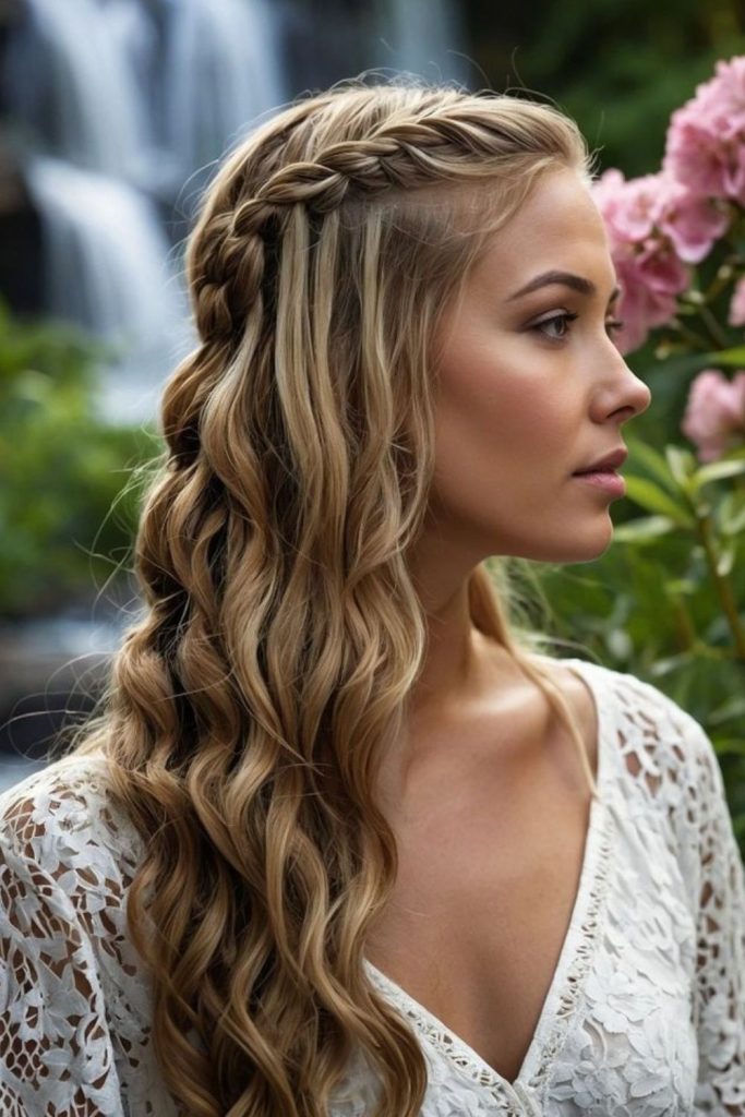 Waterfall braid with cascading strands.