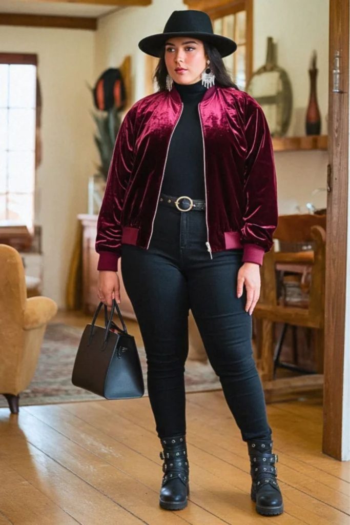 Burgundy velvet jacket desert look.