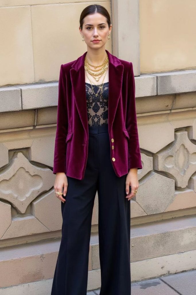 Velvet blazer and lace office look.