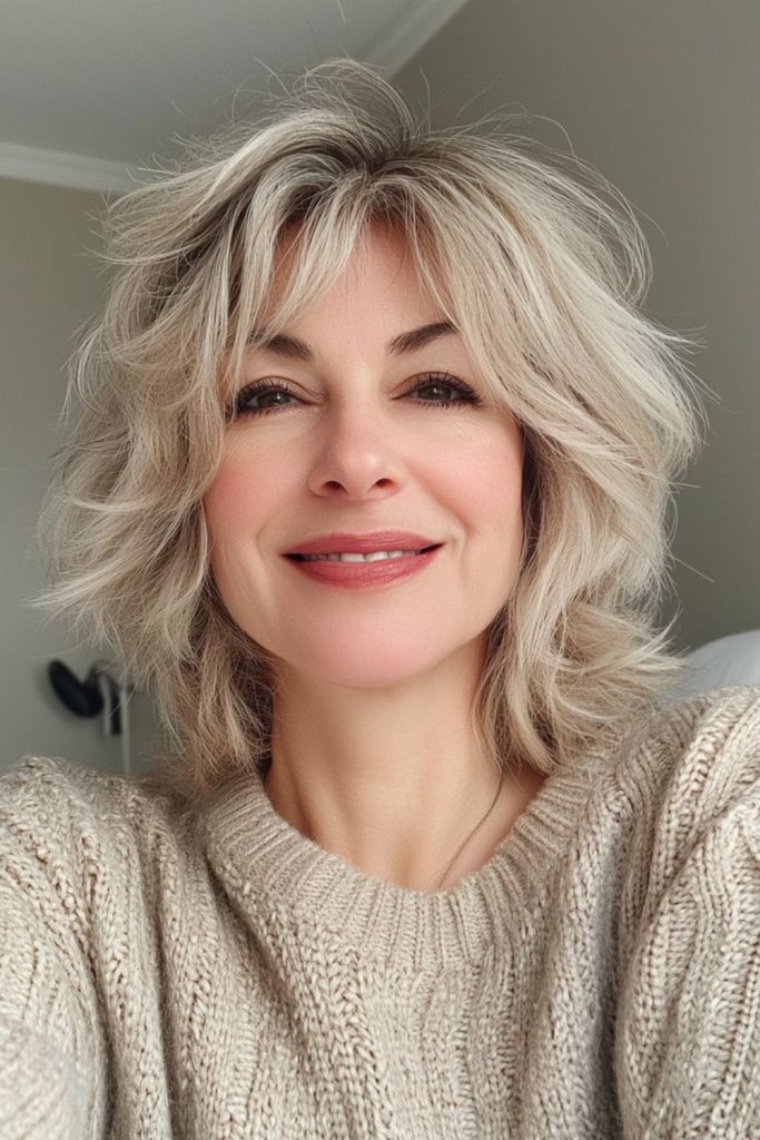 Creamy retro shag with tousled volume.