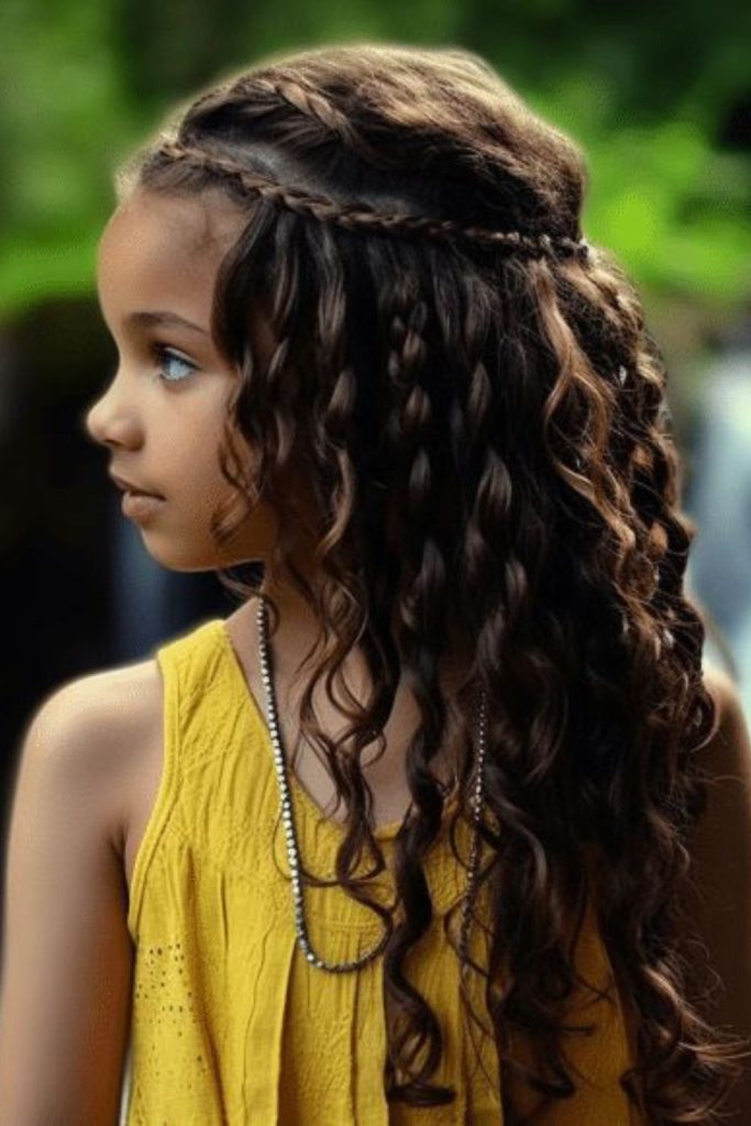 Waterfall braid with flowing curls.