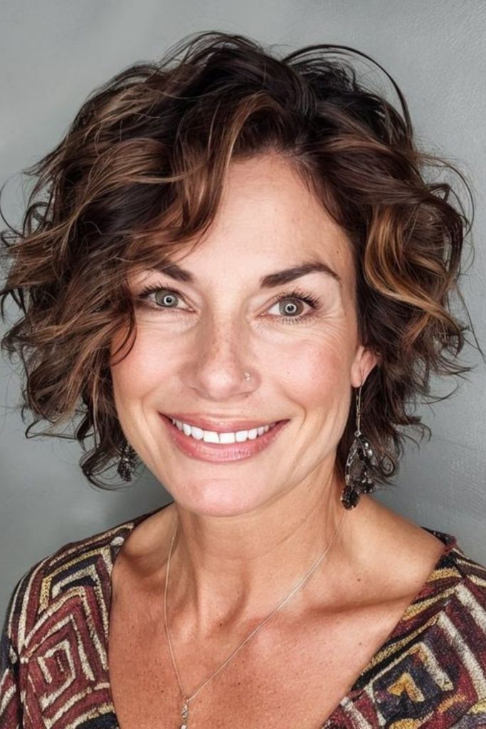 Mocha brown bob with gentle waves.