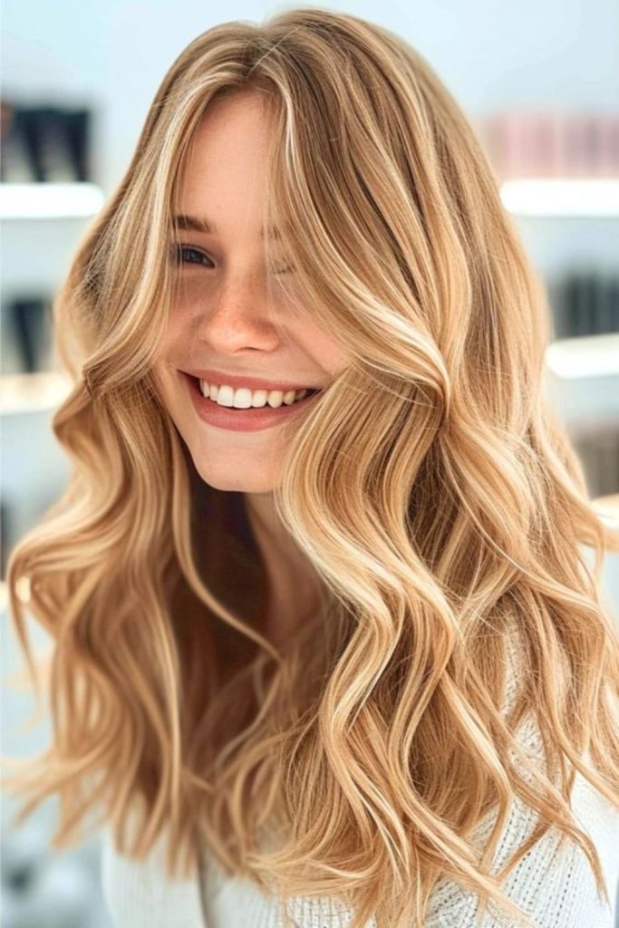 Wheat blonde flowing with caramel ribbons