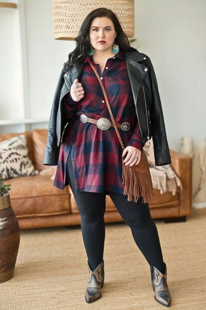 Black leather jacket plaid long shirt.