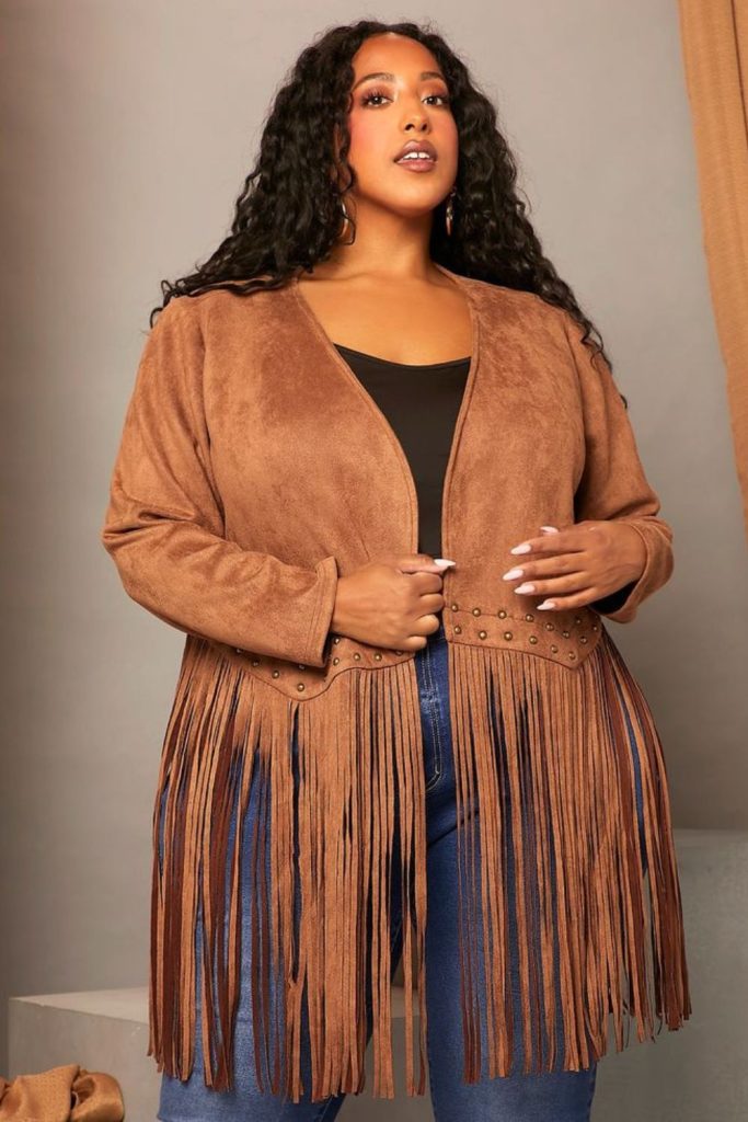Chocolate fringe coat satin blouse.