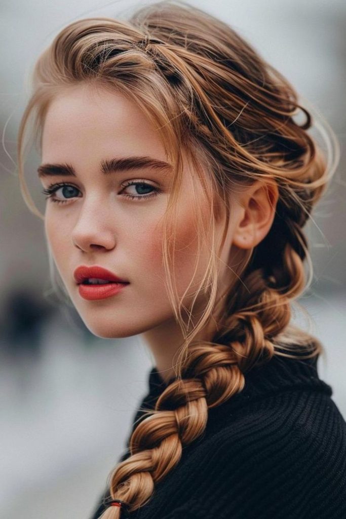 Wind kissed side french braid hairstyle