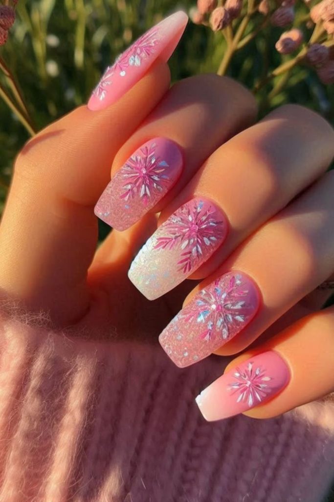 Matte pink nails with glitter dust.