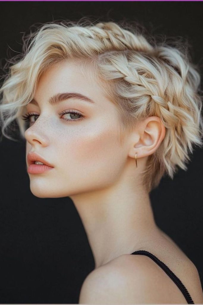 Rose-shaped side braid for short hair.