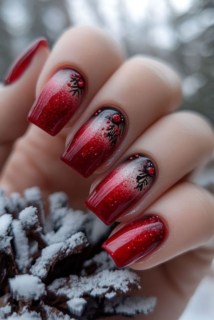 Cranberry red sparkling holiday nails.