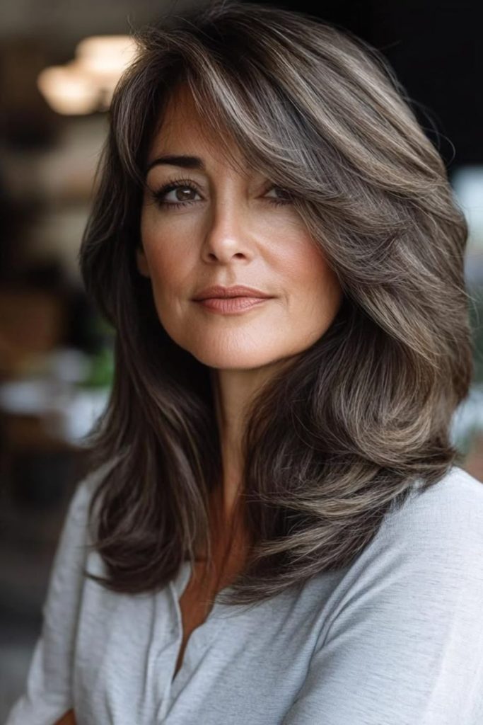 Wispy side layers framing mature face