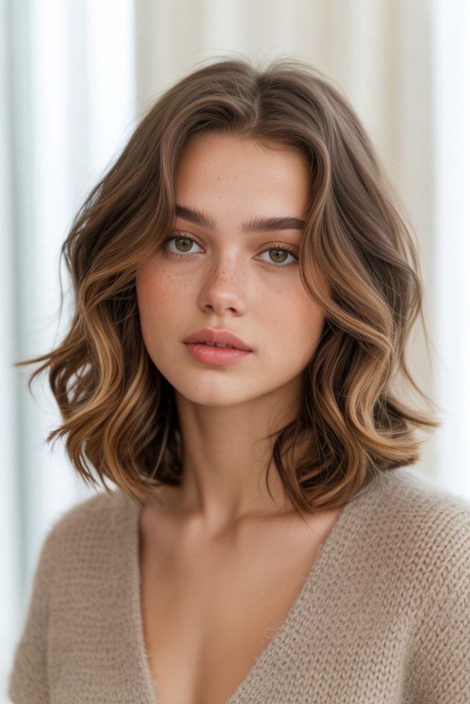 Golden-amber layered bob with soft flicks