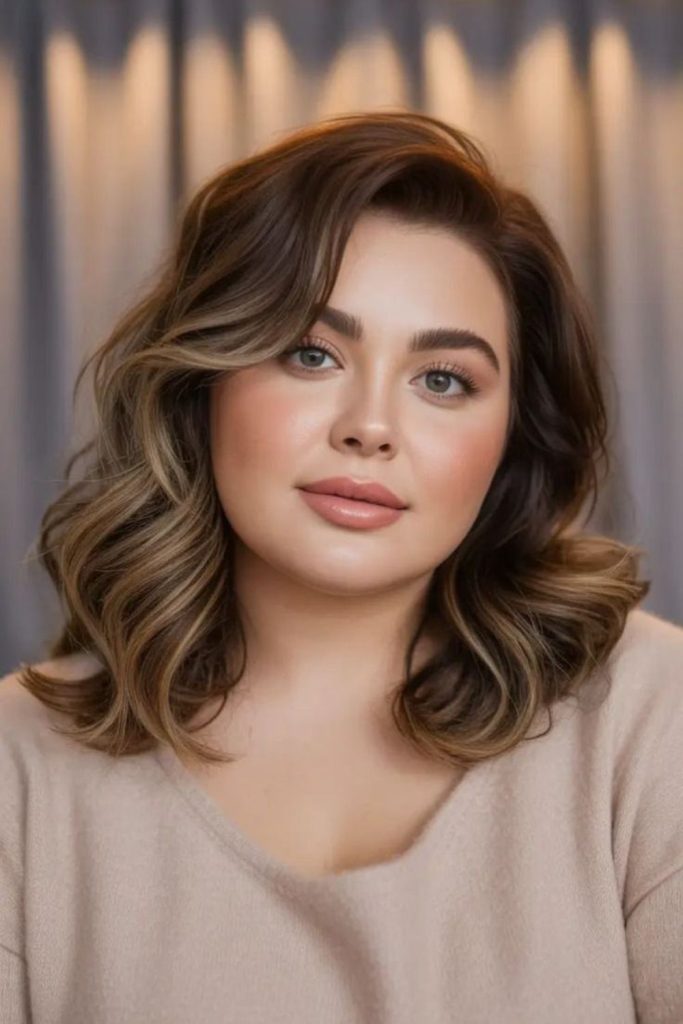 Tousled angled lob elongates round cheeks