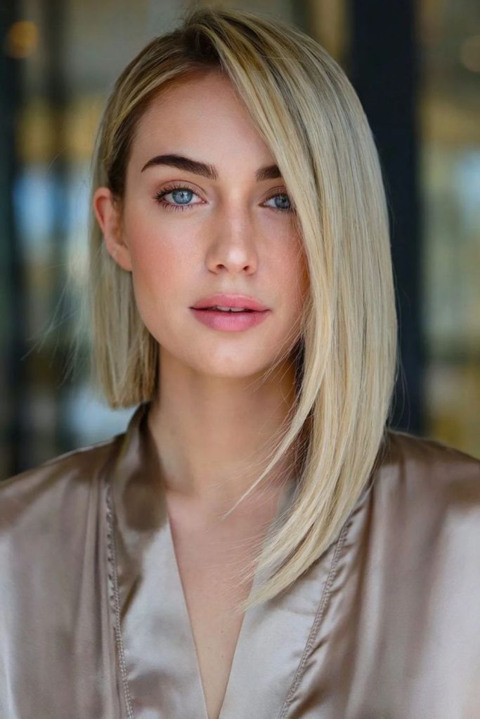 One-side longer asymmetrical angled bob.