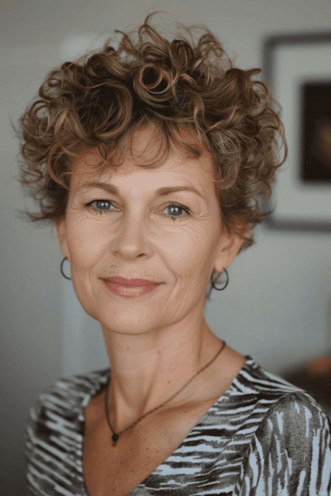 Auburn curly pixie with animated energy.