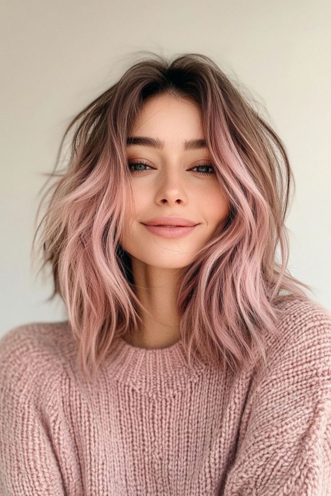 Blush-toned lob with flowing strands