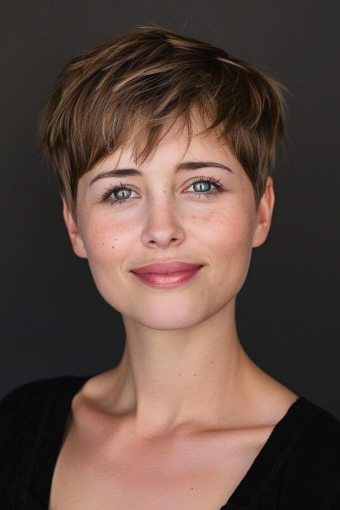 Warm highlighted pixie with flowing sweep.