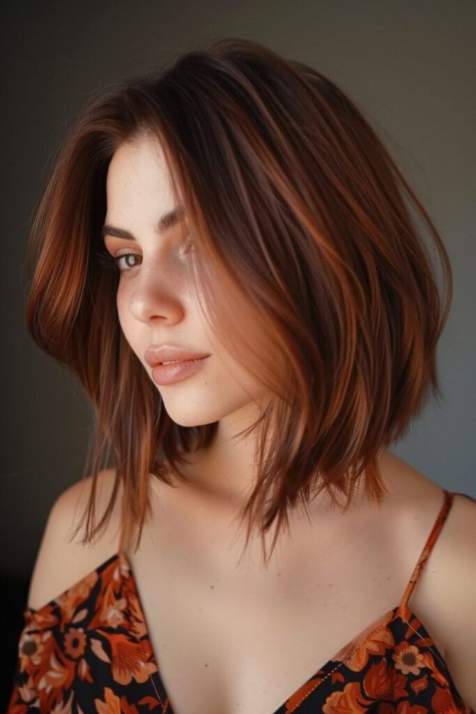 Metallic brown lob with soft flicks