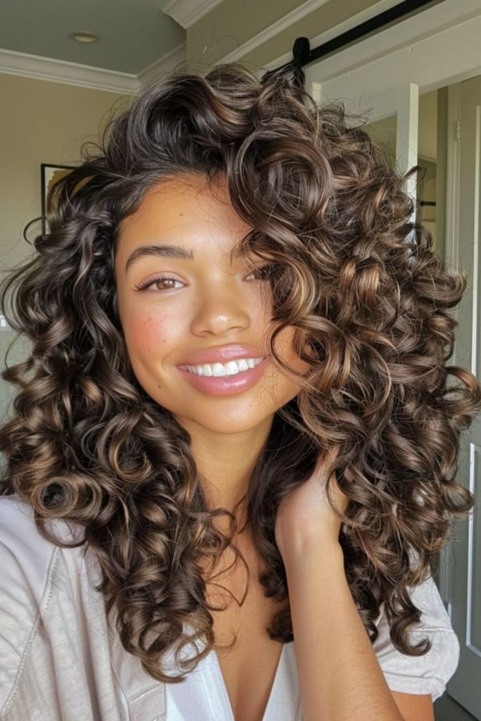 Bronze-toned curls flicking outward naturally