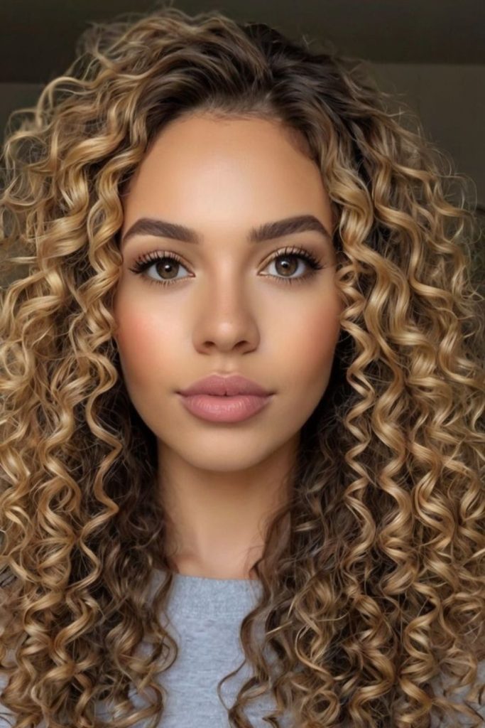 Warm caramel-highlighted spiral curls