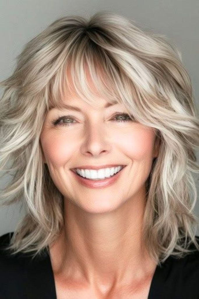 Champagne shag hairstyle with feathered layers.
