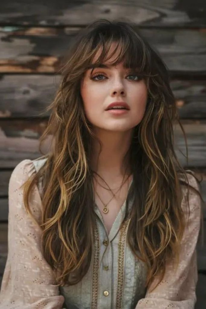 Chestnut wavy curtain bangs flowing