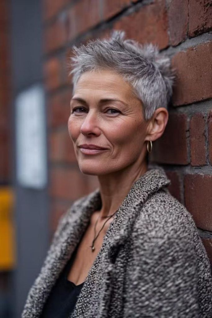 Salt and pepper pixie hair.