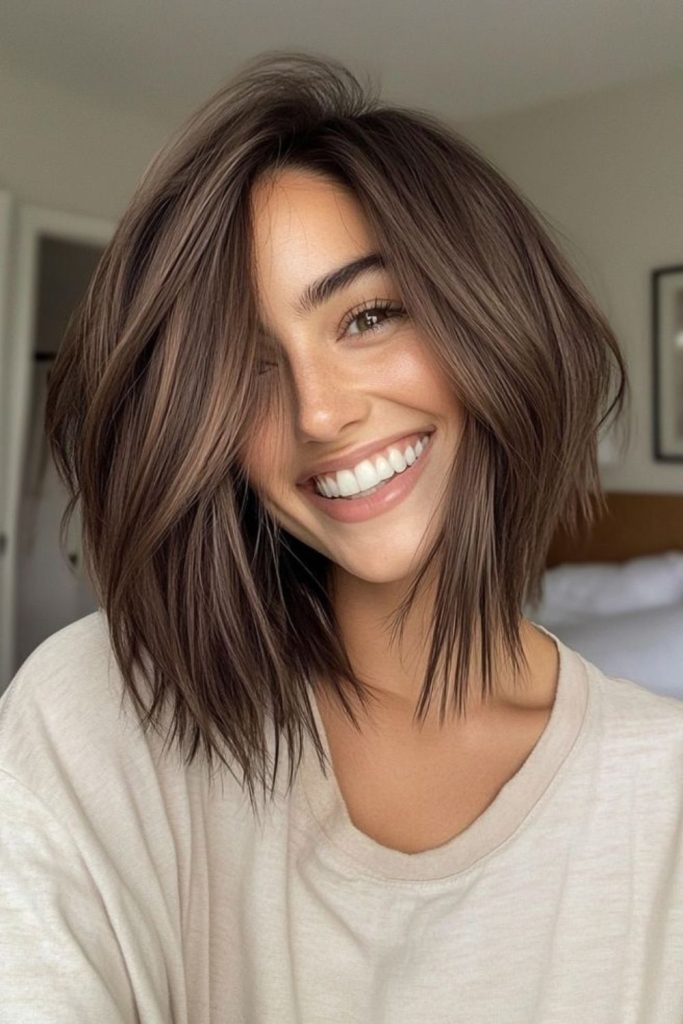 Side-parted choppy bob with texture.