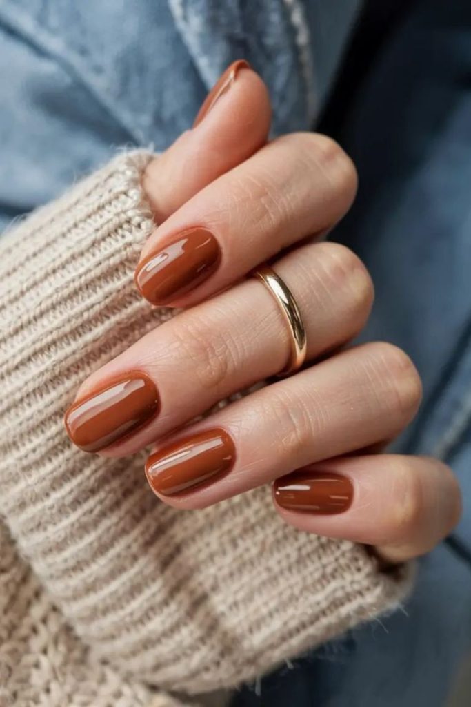 Cinnamon soft brown glossy nail look