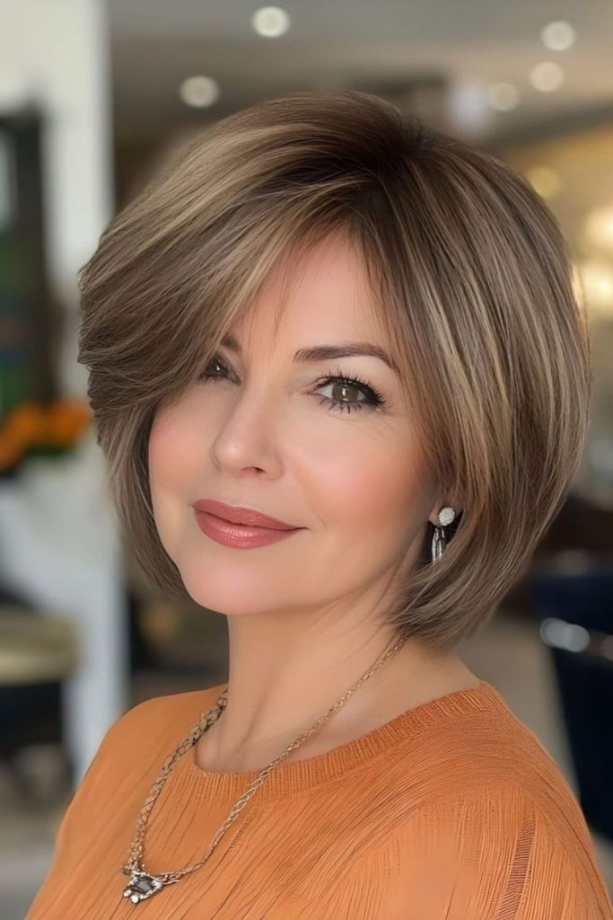 Classic chestnut bob with rich shine.