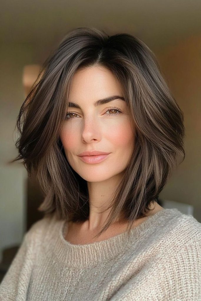 Dark-to-light coffee-toned layered bob.