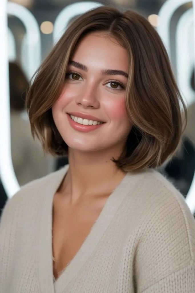 Soft curved bob shaping round faces.