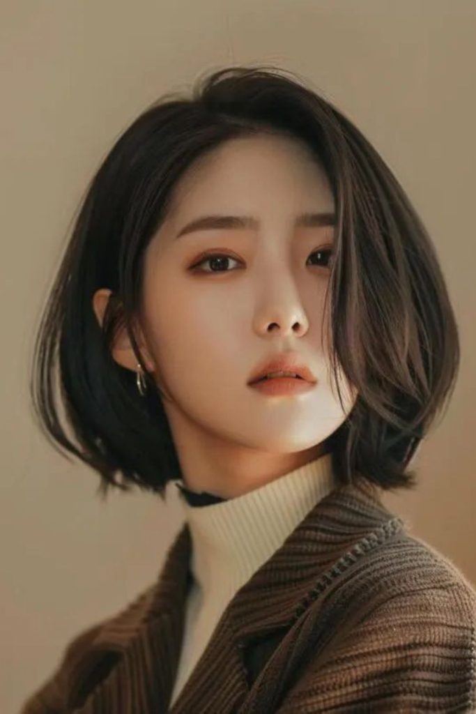 Tilted crescent bob slimming cheeks.