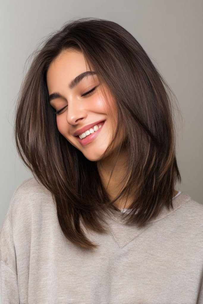 Smooth inward-curved shoulder-length bob style.