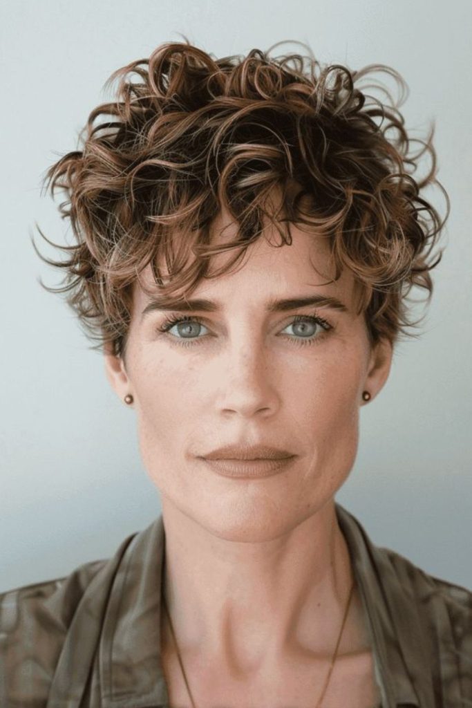 Sunlit highlighted curls softening facial features.