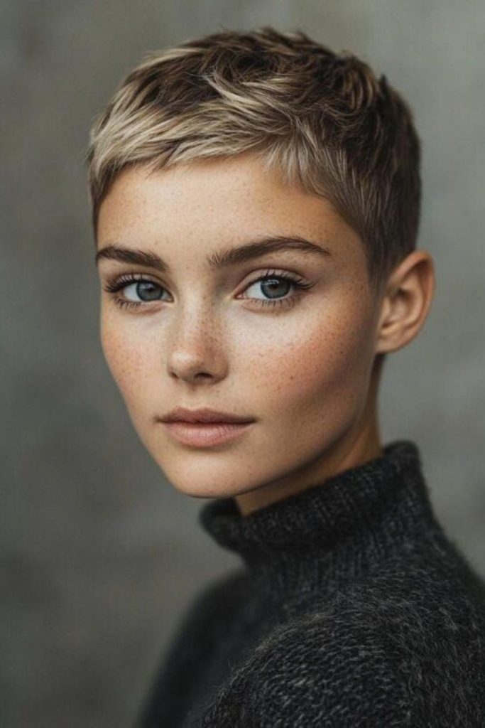 Ultra short pixie with soft shimmer.