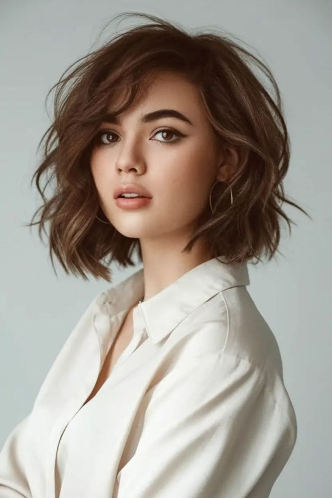 Loose curl bob lengthening cheek width.