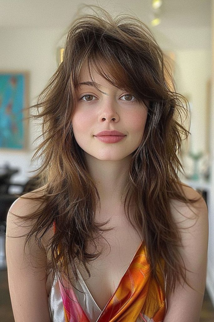 Soft sandy-toned mid-length feathered hair