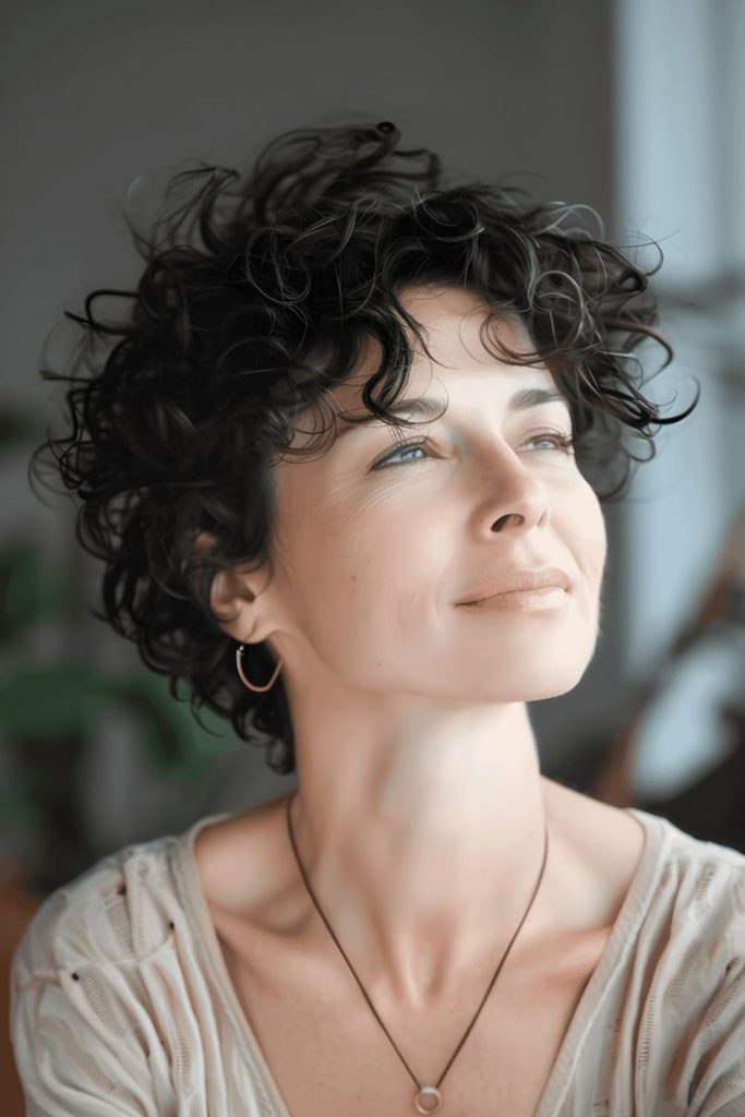 Black curls with vibrant streak accents.