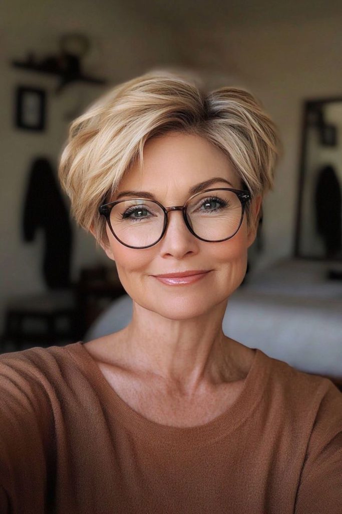 Pearl blonde elegant pixie haircut.