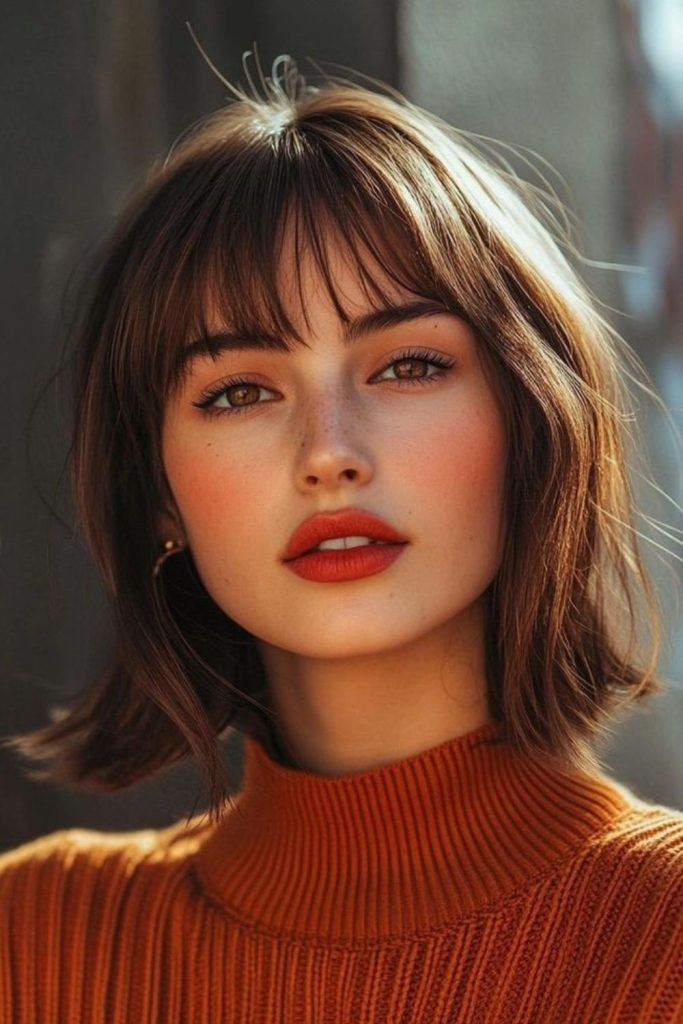 Flicked fiery bob lifting facial width.