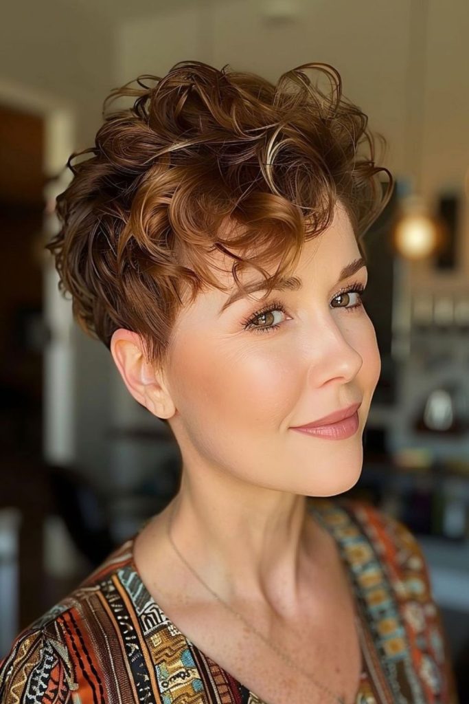 Fiery copper curls with lively flair.