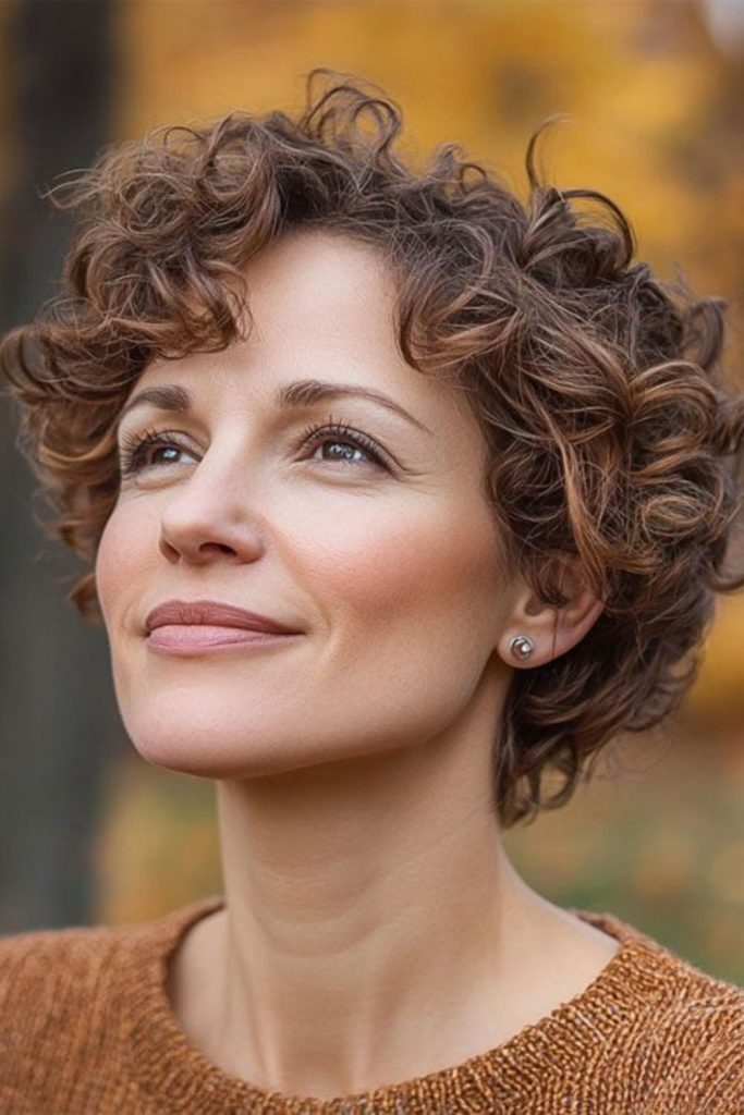 Warm auburn curls forming glowing halo.