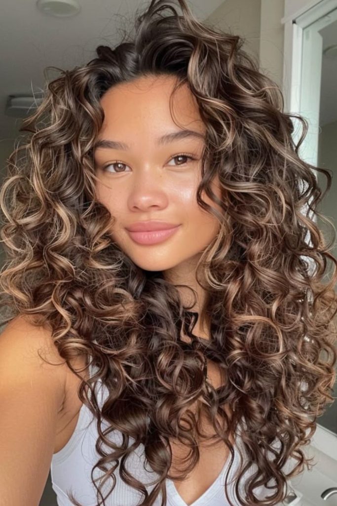 Espresso-colored spirals forming soft crown