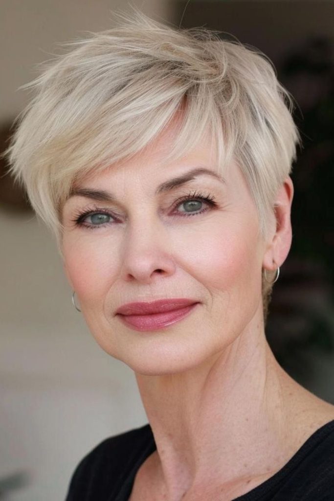 Face-framing fringe soft pixie.